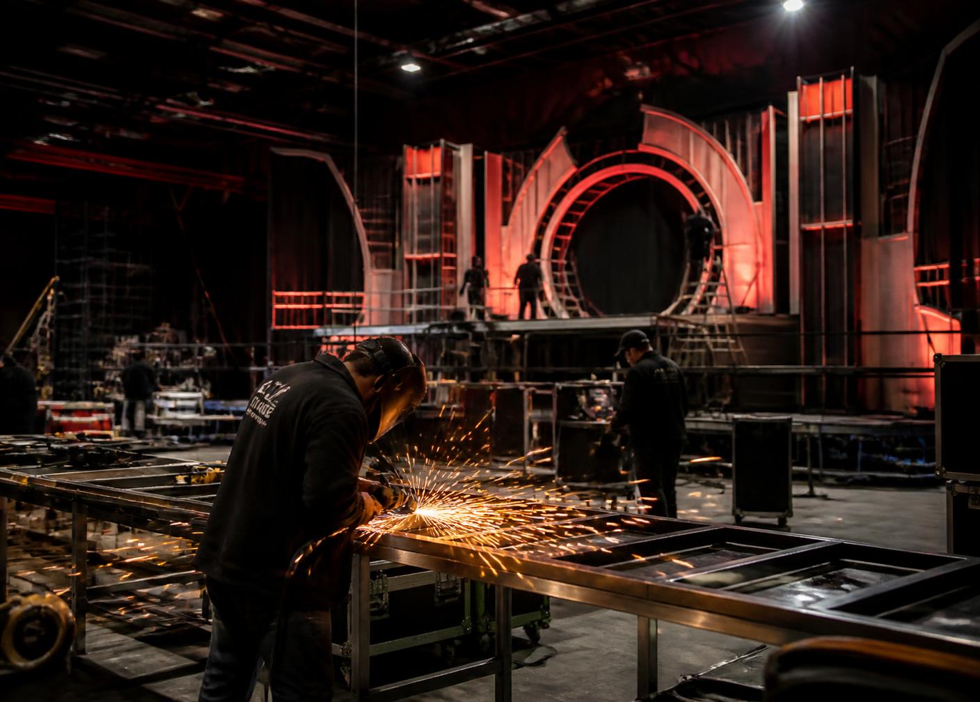 Craftsmen building event sets in the workshop